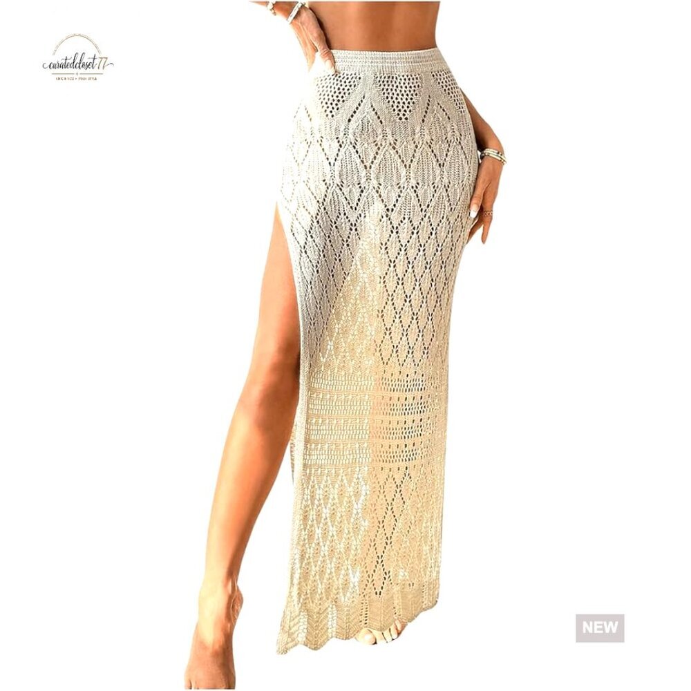 Crochet Maxi Beach Cover Up Skirt with High Slit Sheer